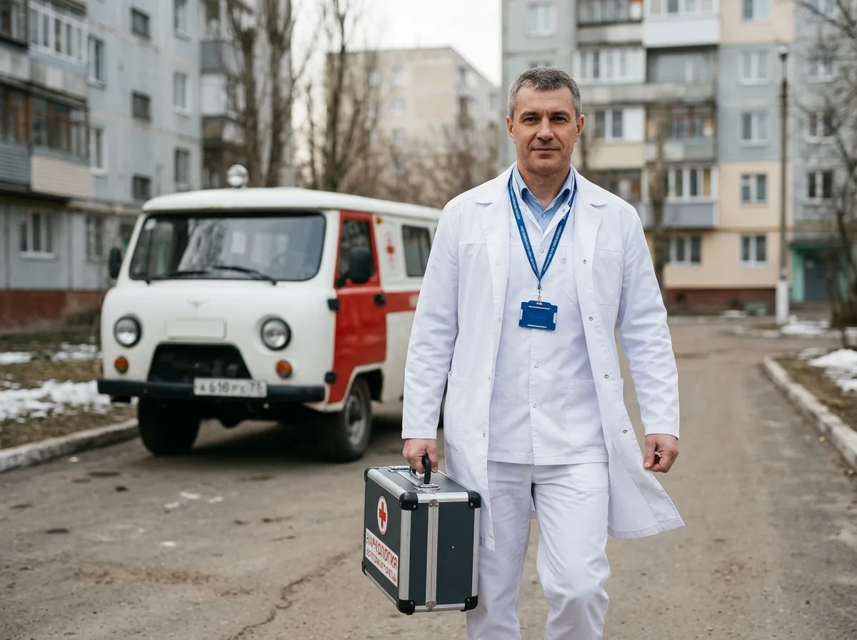 Врач-нарколог в белом халате с медицинским чемоданчиком, готовый к выезду на дом в Воронеже, уверенный профессиональный вид, нейтральный светлый фон