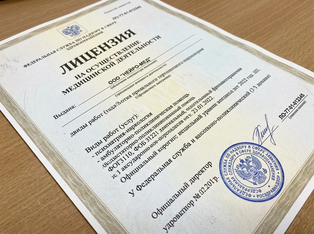 Скан медицинской лицензии Росздравнадзора на осуществление наркологической деятельности, официальный документ с печатями