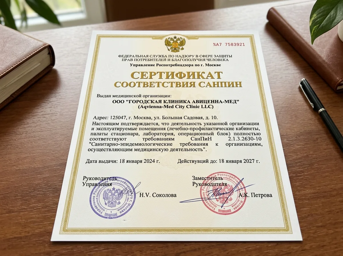 Сертификат соответствия санитарным нормам СанПиН для медицинской организации, официальный документ Роспотребнадзора